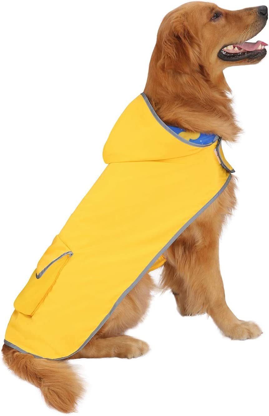 2-In-1 Reversible Dog Raincoat Hooded Poncho Rain Jacket YLW Duck L | Double Sided, Built-In Leash Hole, Reflective Safety Strips, Folds into Storage Pouch, for Small to Extra Large Dog Breeds