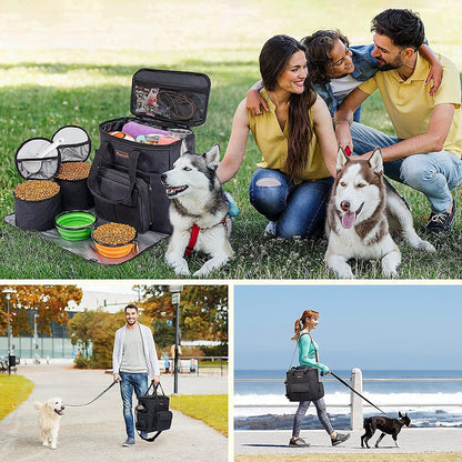 Dog Travel Bag with 2 Collapsible Dog Bowls, 1 Dog Backpack, Airline Approved Pet Travel Bagorganizer for Supplies & Accessories, 2 Travel Dog Food Container, Black | Dog Travel Accessories Set with Feeding Supplies, Bowls, Mat, and Strap. Ideal for Weekend Trips.