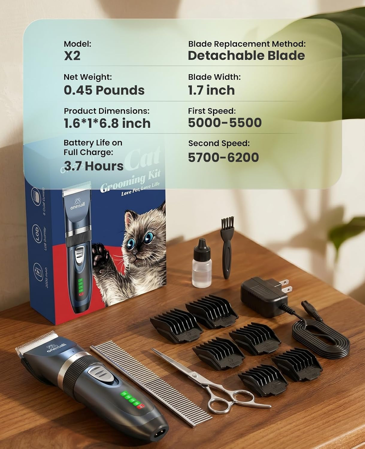 Quiet Cat Clippers for Matted & Long Hair 2-Speed Cat Grooming Kit | 240Mins Long Battery Life, Adjustable Blade Length, 6 Guide Guards with Scissors and Steel Comb, for Cats Small Dogs Animals