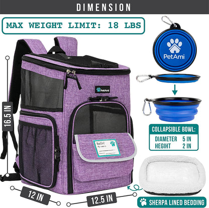 Dog Backpack Carrier, Airline Approved 4-Way Entry Cat Backpack Carrier, Ventilated Mesh, Collapsible Pet Carrier for Small Puppy, Kitten, Hiking, Travel Car, Vet, up to 18 Lbs, Purple