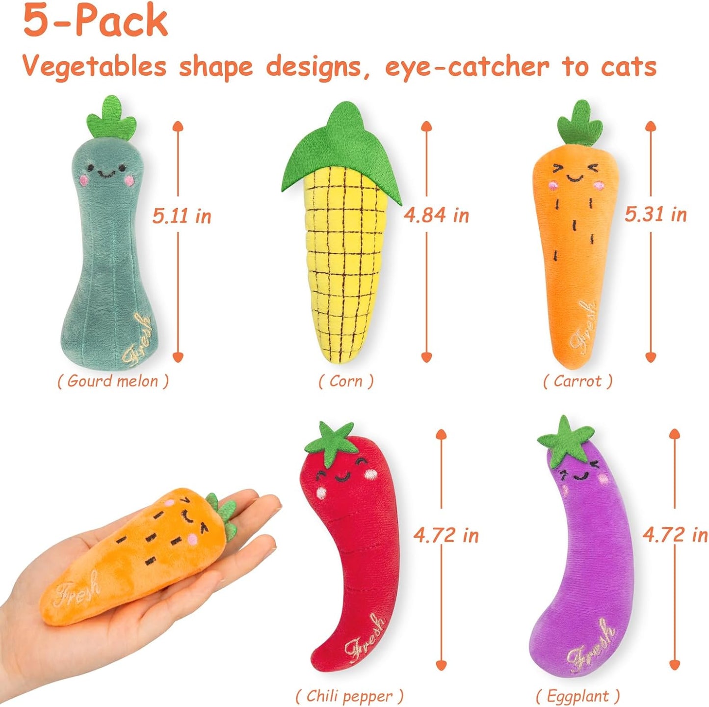 Catnip Cat Toys, 5 Pack, Plush Catnip Toys for Indoor Cats Kitten, Interactive Cat Nip Kitty Kicker Chew Safe Teeth Cleaning Toys, Fun Carrot Vegetable Shape