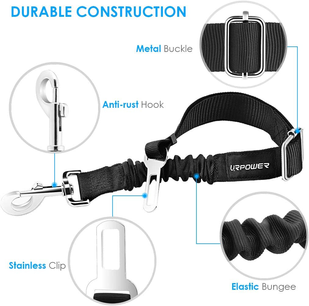 Retractable Dog Seat Belt, Adjustable Safety Belt, 2 Pack | Elastic Bungee, Heavy Duty, 360° Swivel, Fits Most Vehicles, Small to Large Dogs, Zinc Alloy Clip