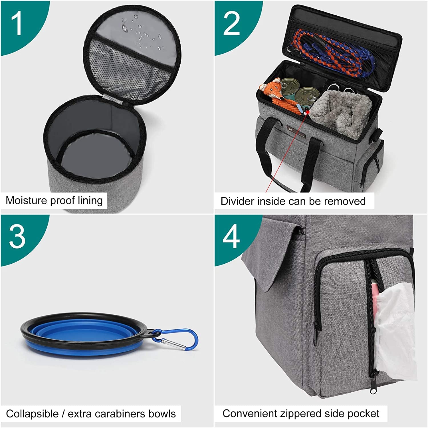 Weekend Dog Travel Bag Set with 2 Food Bags, 2 Bowls and Mat, Grey | Dog Travel Accessories Organizer for Camping and Road Trips with Roomy Storage, Multiple Pockets and Water-Resistant Oxford