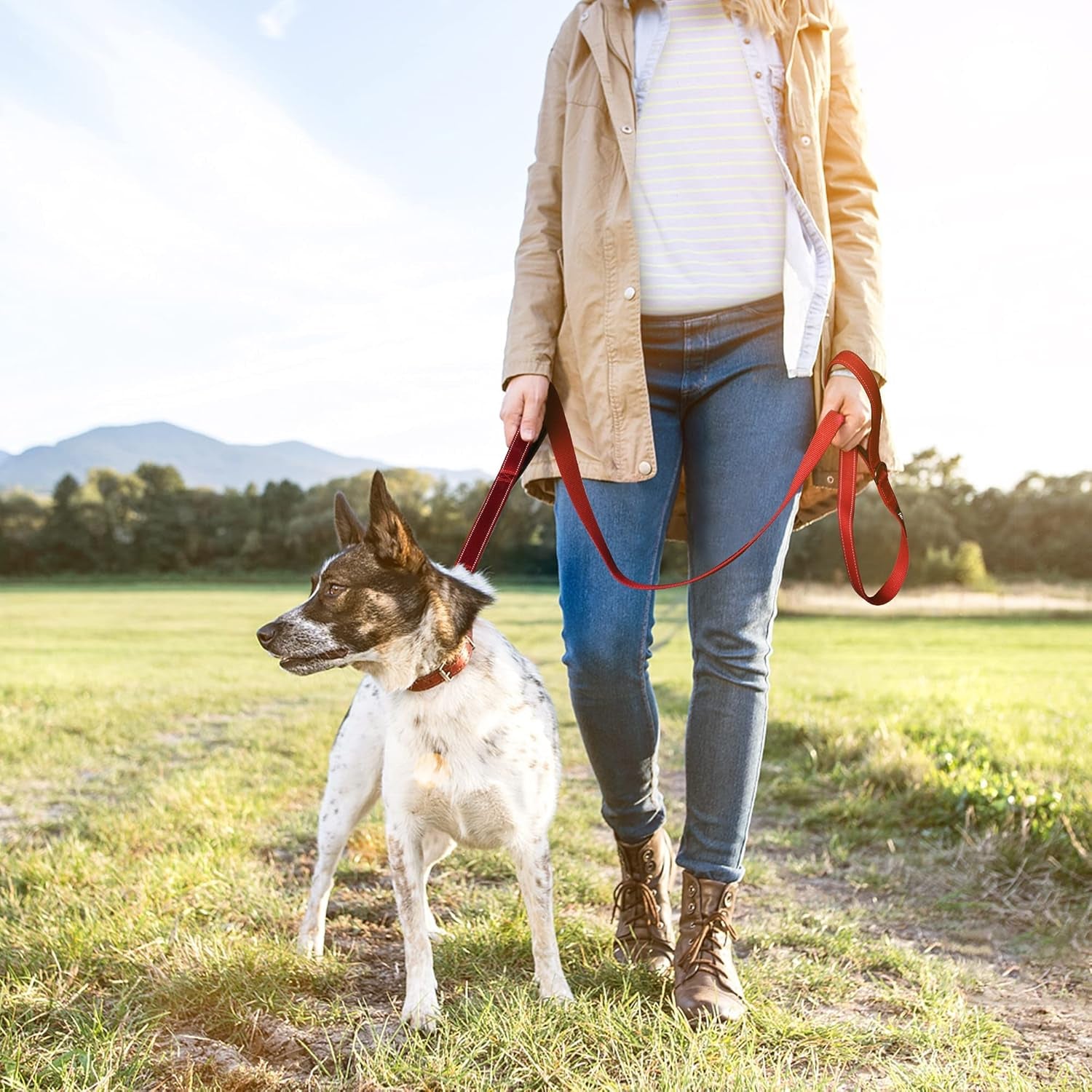 4FT 1IN Heavy Duty Dog Leash for Large Dogs with 2 Padded Handles | Traffic Handle Extra Control, Auto Lock Hook, Strong Reflective Walking Leash for Night Safety, Medium and Large Breeds,Red