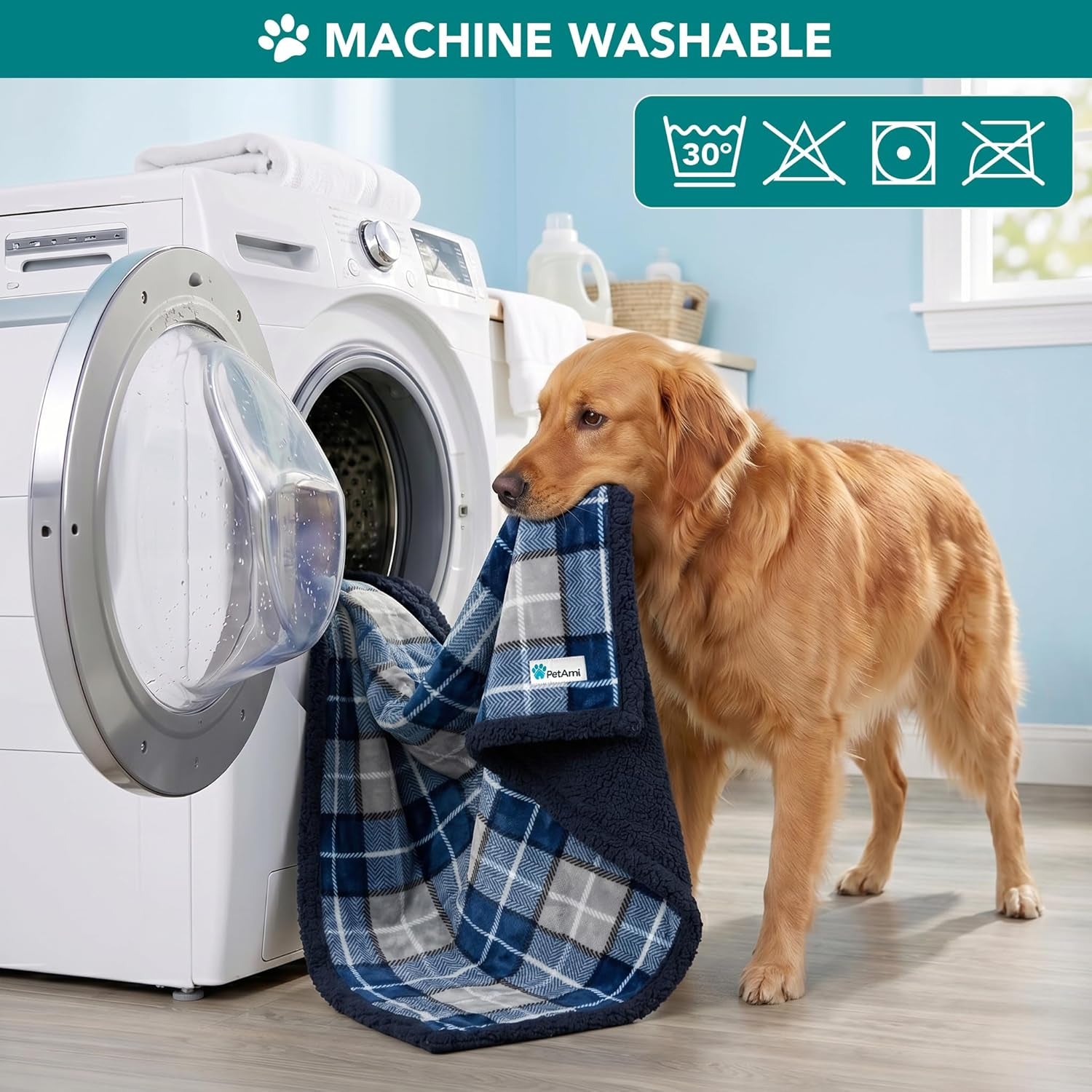 Dog Blanket for Small Medium Dogs and Cats, Soft Sherpa Fleece Pet Blanket Throw Puppies Kittens, Reversible Plush Couch Cover Protector Sofa Bed Crate, Machine Washable, 60X40, Plaid Navy Blue