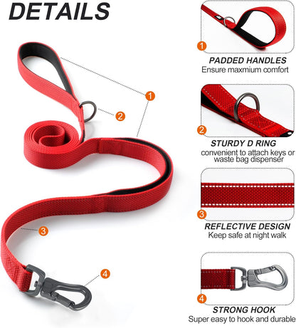 4FT 1IN Heavy Duty Dog Leash for Large Dogs with 2 Padded Handles | Traffic Handle Extra Control, Auto Lock Hook, Strong Reflective Walking Leash for Night Safety, Medium and Large Breeds,Red