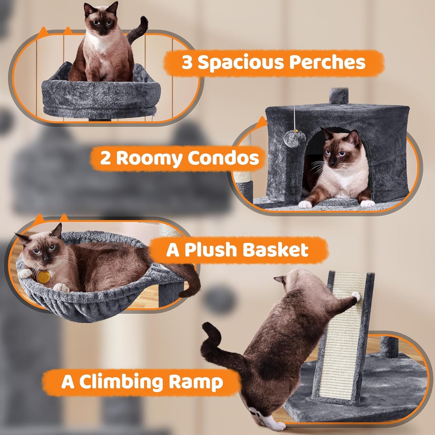 Yaheetech 69In Cat Tree Tower, 2 Condos, Scratching Posts & Cat-Ear Perches | 2 Plush Condos, Sisal Scratching Posts, a Soft Basket, a Climbing Ramp, and Cat-Ear Perches That Each Hold a Cat up to 11 Lb