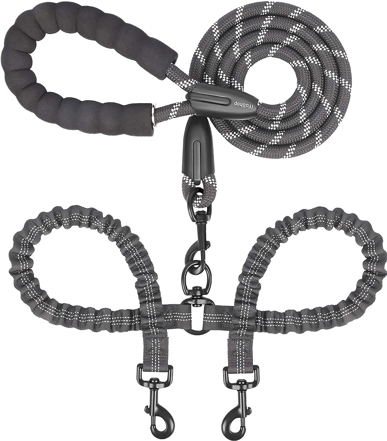 Dual Dog Leash with 360° Swivel and Shock Absorbing Bungee for Two Dogs (Large, 25-150 lbs, Black)