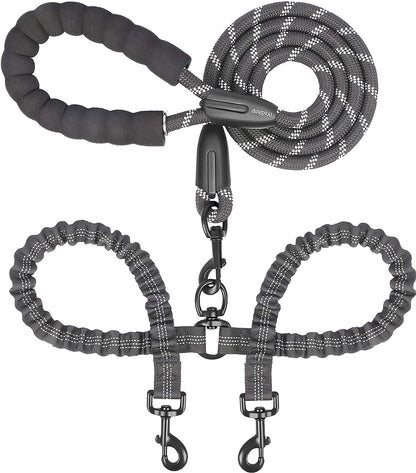 Dual Dog Leash with 360° Swivel and Shock Absorbing Bungee for Two Dogs (Large, 25-150 lbs, Black)