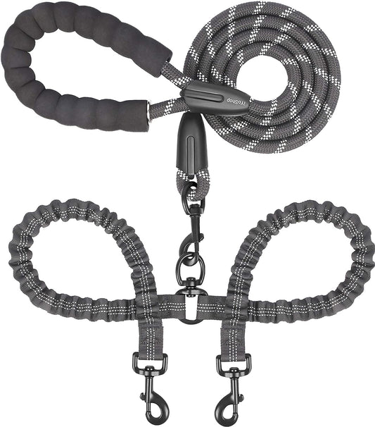 Dual Dog Leash with 360° Swivel and Shock Absorbing Bungee for Two Dogs (Large, 25-150 lbs, Black)