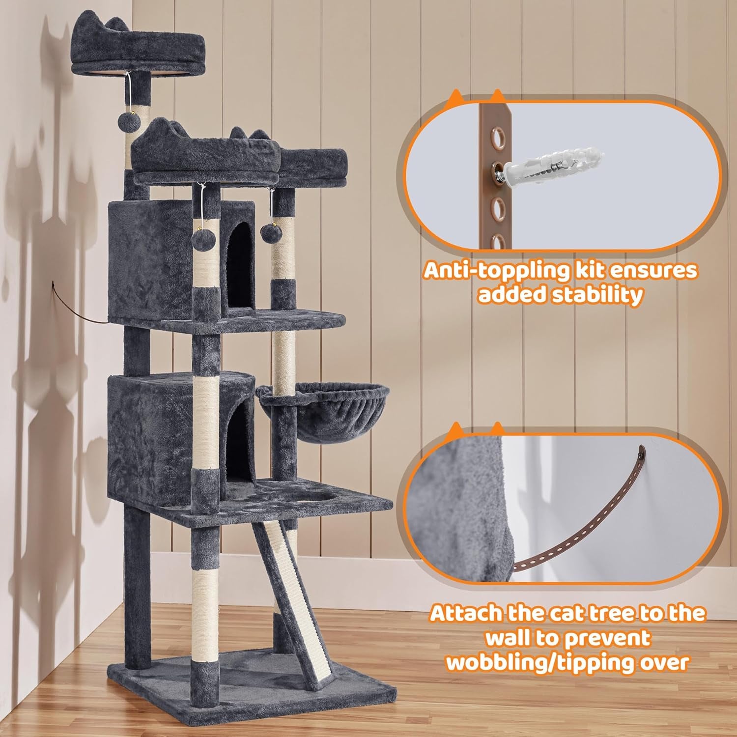 Yaheetech 69In Cat Tree Tower, 2 Condos, Scratching Posts & Cat-Ear Perches | 2 Plush Condos, Sisal Scratching Posts, a Soft Basket, a Climbing Ramp, and Cat-Ear Perches That Each Hold a Cat up to 11 Lb