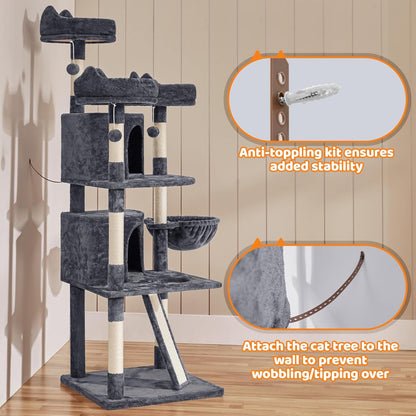 Yaheetech 69In Cat Tree Tower, 2 Condos, Scratching Posts & Cat-Ear Perches | 2 Plush Condos, Sisal Scratching Posts, a Soft Basket, a Climbing Ramp, and Cat-Ear Perches That Each Hold a Cat up to 11 Lb