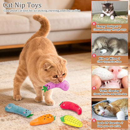 Catnip Cat Toys, 5 Pack, Plush Catnip Toys for Indoor Cats Kitten, Interactive Cat Nip Kitty Kicker Chew Safe Teeth Cleaning Toys, Fun Carrot Vegetable Shape