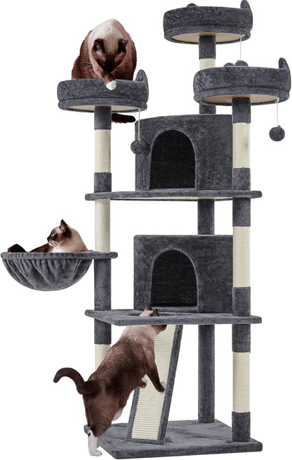 Yaheetech 69In Cat Tree Tower, 2 Condos, Scratching Posts & Cat-Ear Perches | 2 Plush Condos, Sisal Scratching Posts, a Soft Basket, a Climbing Ramp, and Cat-Ear Perches That Each Hold a Cat up to 11 Lb