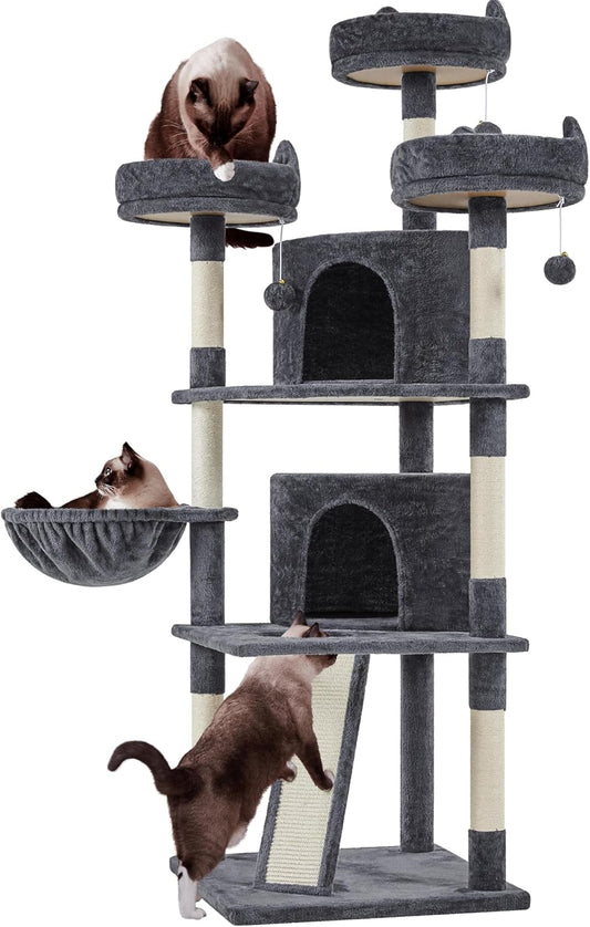 Yaheetech 69In Cat Tree Tower, 2 Condos, Scratching Posts & Cat-Ear Perches | 2 Plush Condos, Sisal Scratching Posts, a Soft Basket, a Climbing Ramp, and Cat-Ear Perches That Each Hold a Cat up to 11 Lb