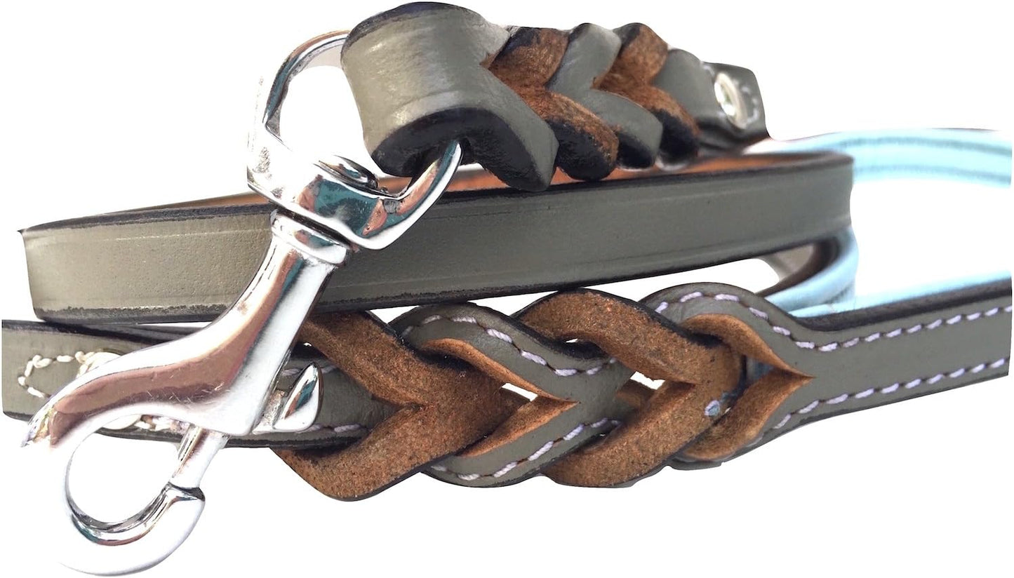 Leather Braided Dog Leash with Padded Handle, 4Ft. X 1/2 Inch - Grey and Blue