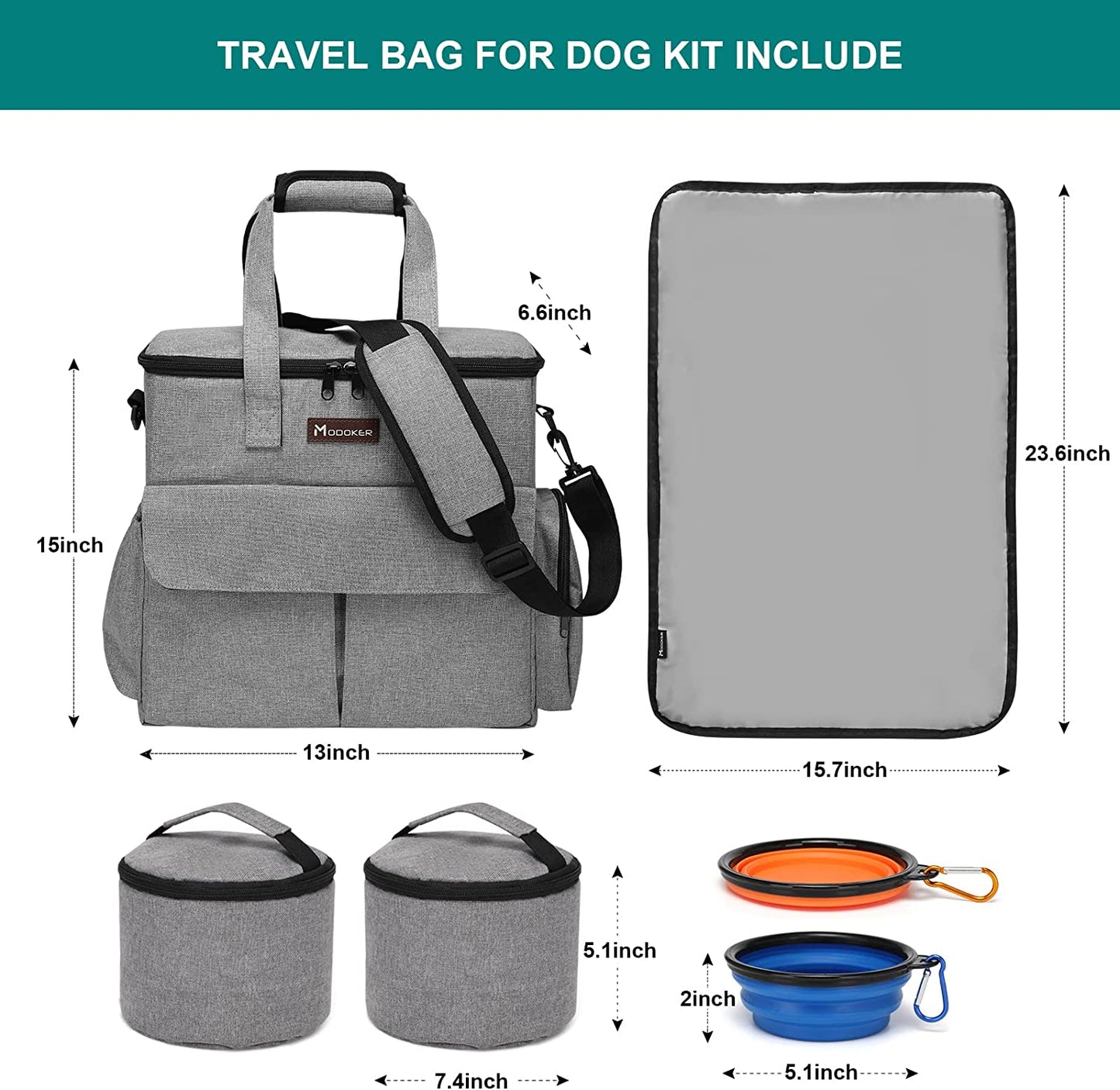 Weekend Dog Travel Bag Set with 2 Food Bags, 2 Bowls and Mat, Grey | Dog Travel Accessories Organizer for Camping and Road Trips with Roomy Storage, Multiple Pockets and Water-Resistant Oxford