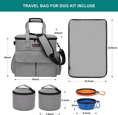 Weekend Dog Travel Bag Set with 2 Food Bags, 2 Bowls and Mat, Grey | Dog Travel Accessories Organizer for Camping and Road Trips with Roomy Storage, Multiple Pockets and Water-Resistant Oxford