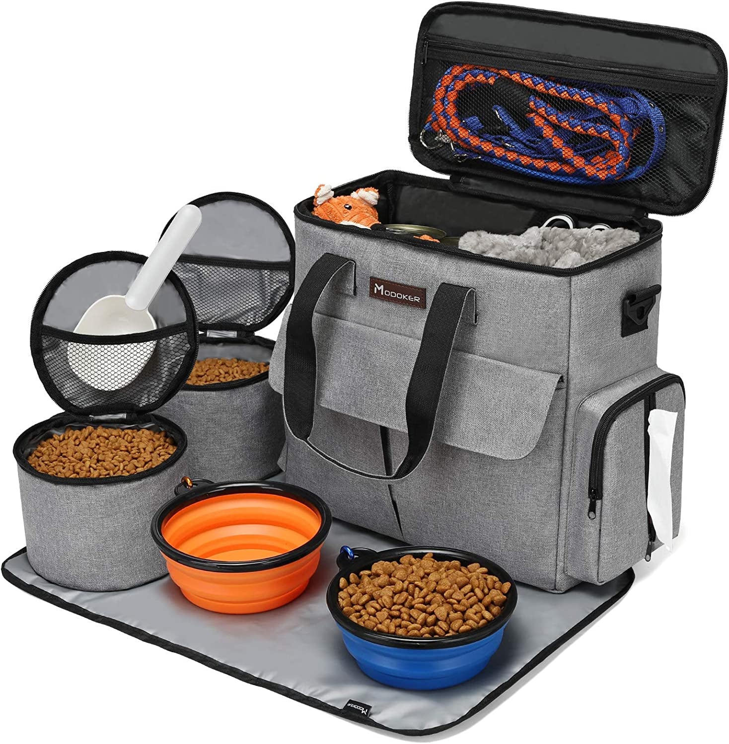 Weekend Dog Travel Bag Set with 2 Food Bags, 2 Bowls and Mat, Grey | Dog Travel Accessories Organizer for Camping and Road Trips with Roomy Storage, Multiple Pockets and Water-Resistant Oxford