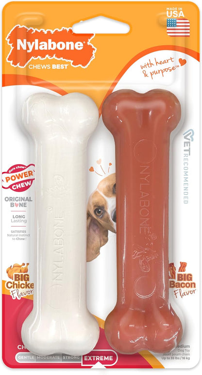 Power Chew Original Bone Dog Chew Toys, Medium, 2 Count | Chicken and Bacon Flavor, Durable Chew Toys, Discourages Destructive Chewing, Long Lasting, for Dogs up to 35 Pounds