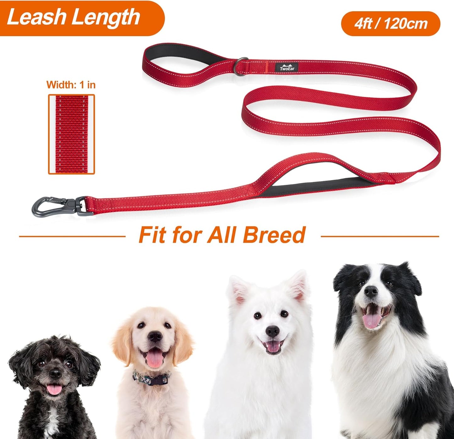 4FT 1IN Heavy Duty Dog Leash for Large Dogs with 2 Padded Handles | Traffic Handle Extra Control, Auto Lock Hook, Strong Reflective Walking Leash for Night Safety, Medium and Large Breeds,Red