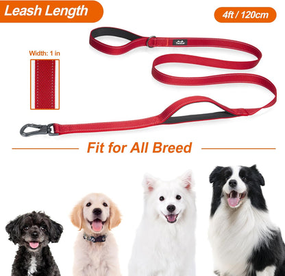4FT 1IN Heavy Duty Dog Leash for Large Dogs with 2 Padded Handles | Traffic Handle Extra Control, Auto Lock Hook, Strong Reflective Walking Leash for Night Safety, Medium and Large Breeds,Red
