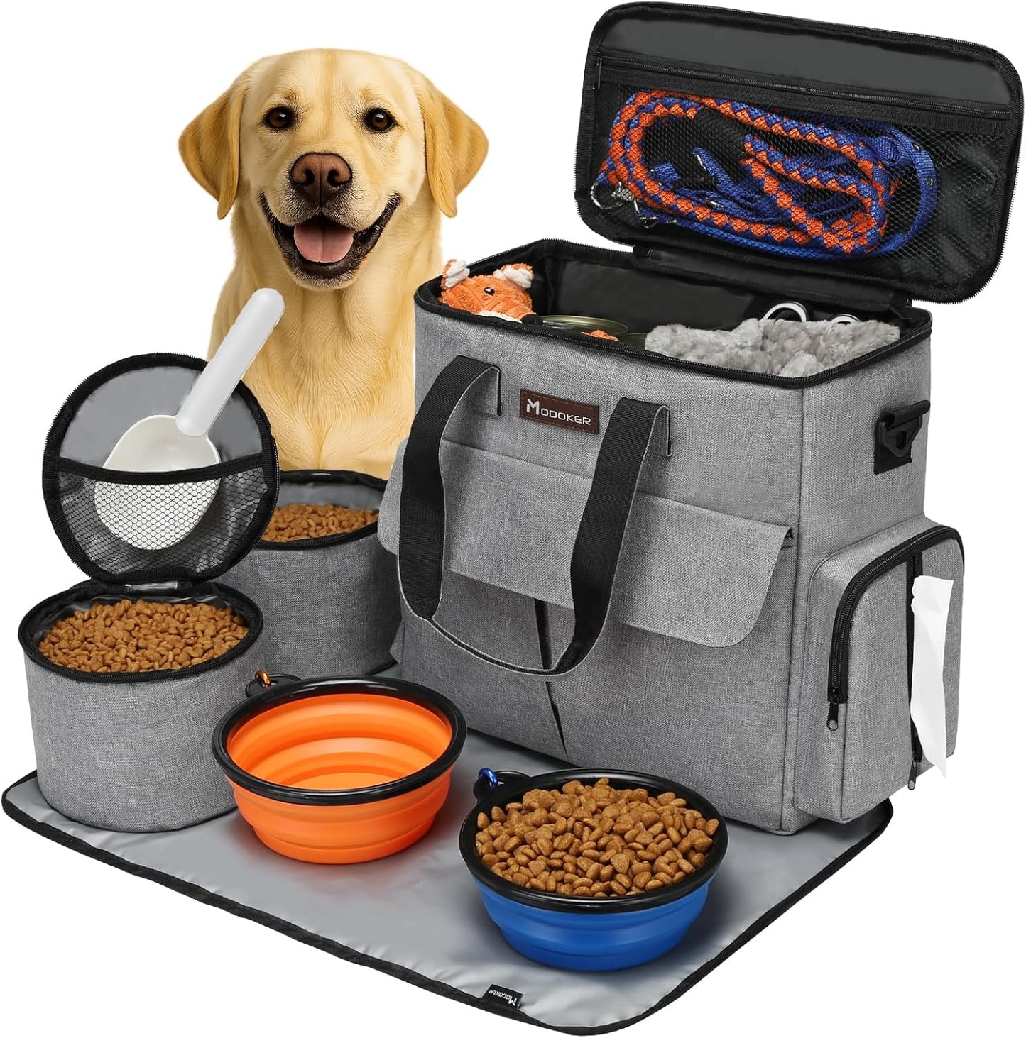 Weekend Dog Travel Bag Set with 2 Food Bags, 2 Bowls and Mat, Grey | Dog Travel Accessories Organizer for Camping and Road Trips with Roomy Storage, Multiple Pockets and Water-Resistant Oxford