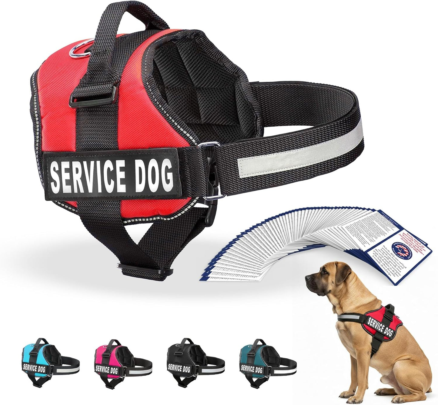 Service Dog Vest Harness, XL 30-39, Red | Durable & Adjustable Vest for Dog, Reflective Straps, Removable Patches, 50 ADA Cards, Handle & D-Ring, Travel and Daily Use