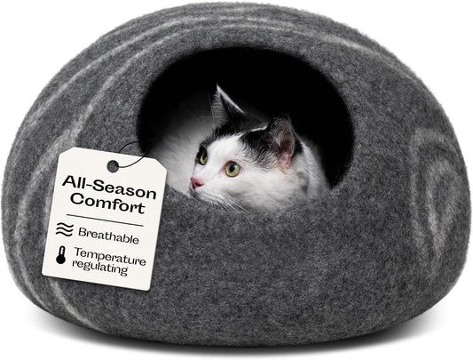 Cat Cave – Premium Felt Cat Bed Bed Enclosure for Indoor Cats, Handmade Merino Wool (Dark Grey, Medium)