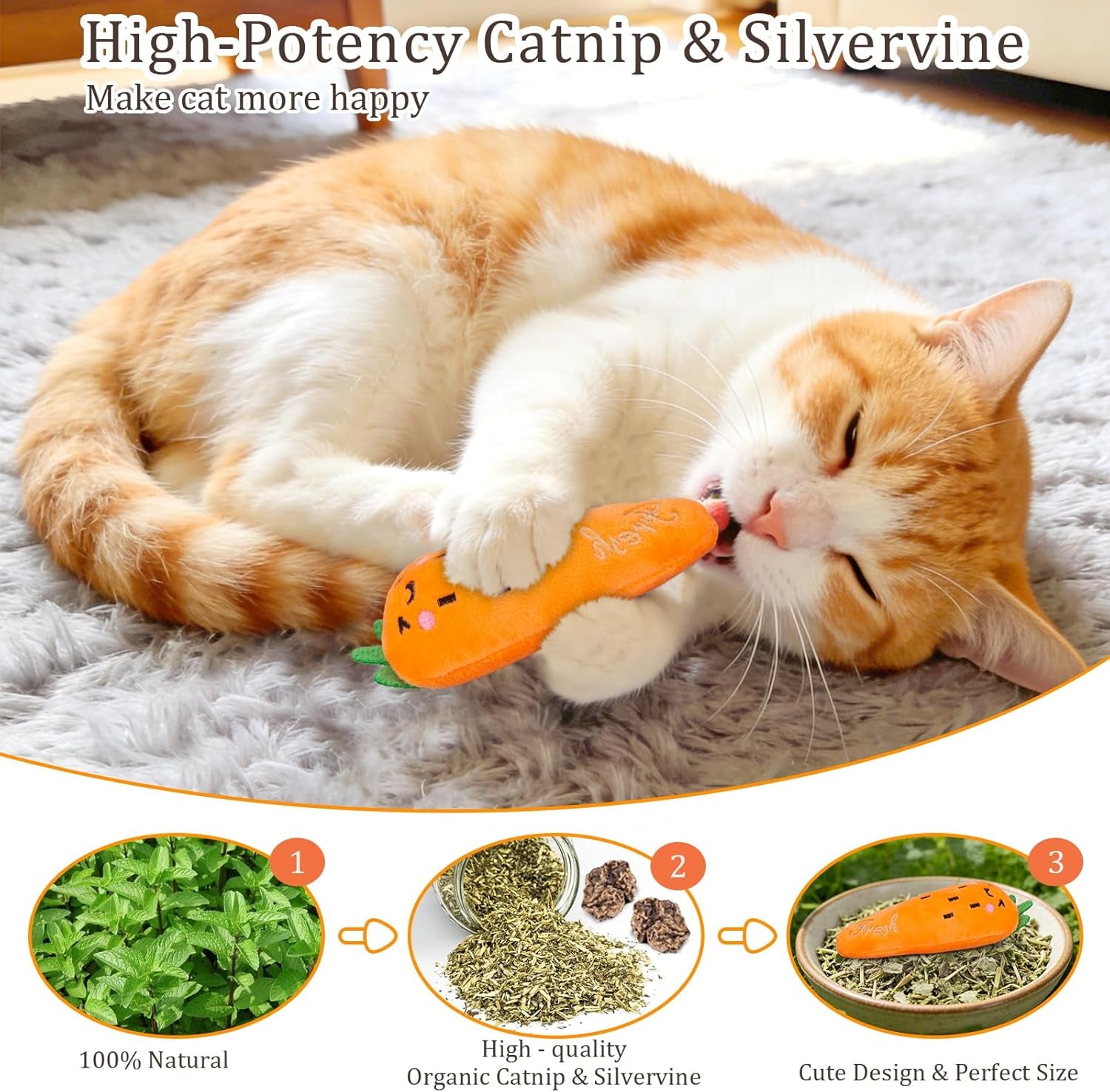 Catnip Cat Toys, 5 Pack, Plush Catnip Toys for Indoor Cats Kitten, Interactive Cat Nip Kitty Kicker Chew Safe Teeth Cleaning Toys, Fun Carrot Vegetable Shape