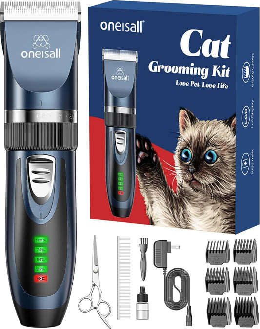 Quiet Cat Clippers for Matted & Long Hair 2-Speed Cat Grooming Kit | 240Mins Long Battery Life, Adjustable Blade Length, 6 Guide Guards with Scissors and Steel Comb, for Cats Small Dogs Animals
