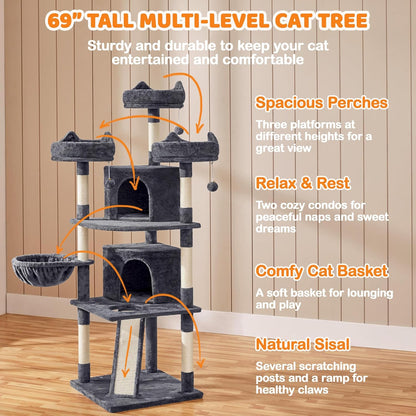 Yaheetech 69In Cat Tree Tower, 2 Condos, Scratching Posts & Cat-Ear Perches | 2 Plush Condos, Sisal Scratching Posts, a Soft Basket, a Climbing Ramp, and Cat-Ear Perches That Each Hold a Cat up to 11 Lb