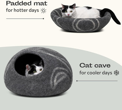 Cat Cave – Premium Felt Cat Bed Bed Enclosure for Indoor Cats, Handmade Merino Wool (Dark Grey, Medium)
