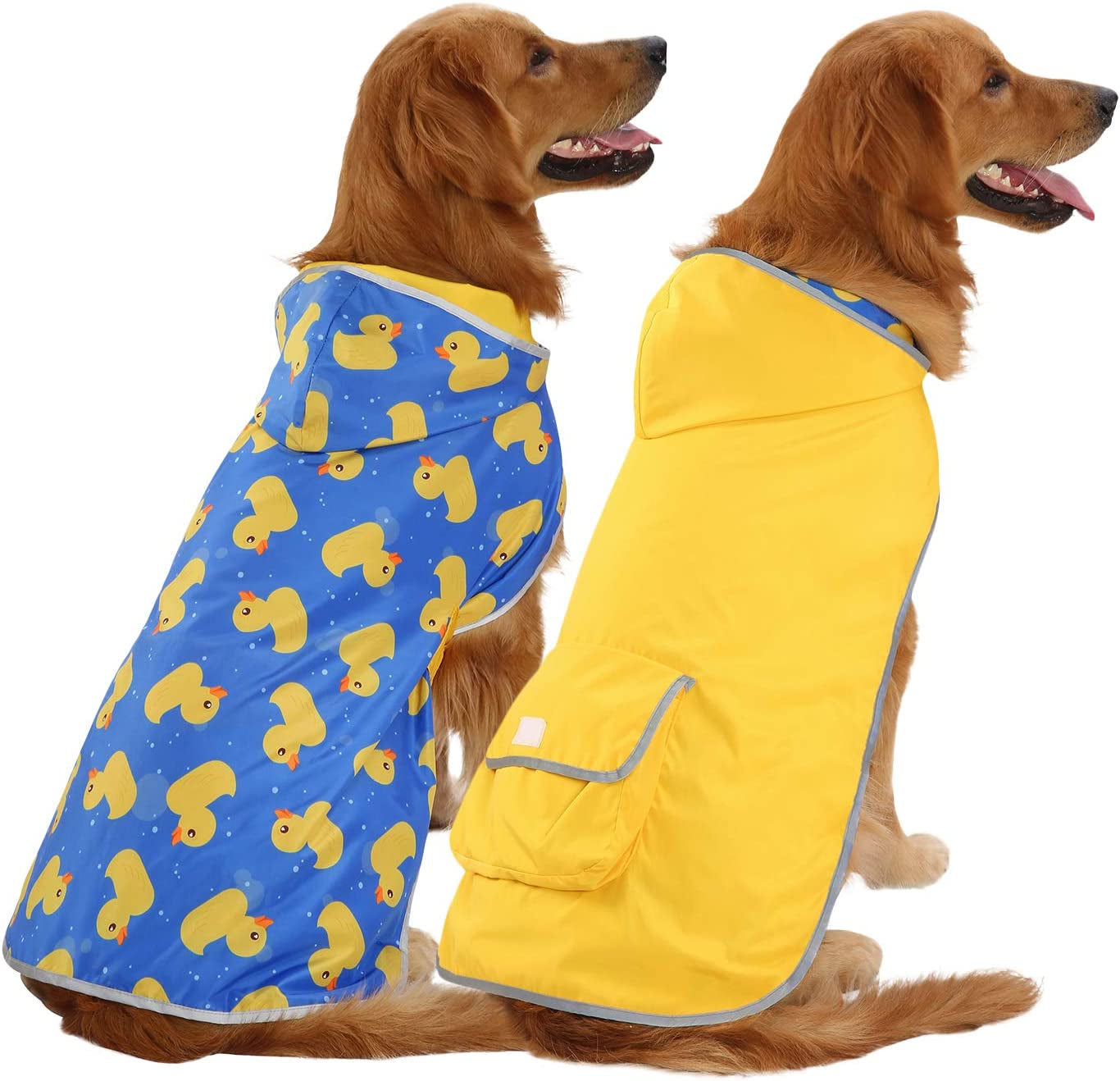 2-In-1 Reversible Dog Raincoat Hooded Poncho Rain Jacket YLW Duck L | Double Sided, Built-In Leash Hole, Reflective Safety Strips, Folds into Storage Pouch, for Small to Extra Large Dog Breeds