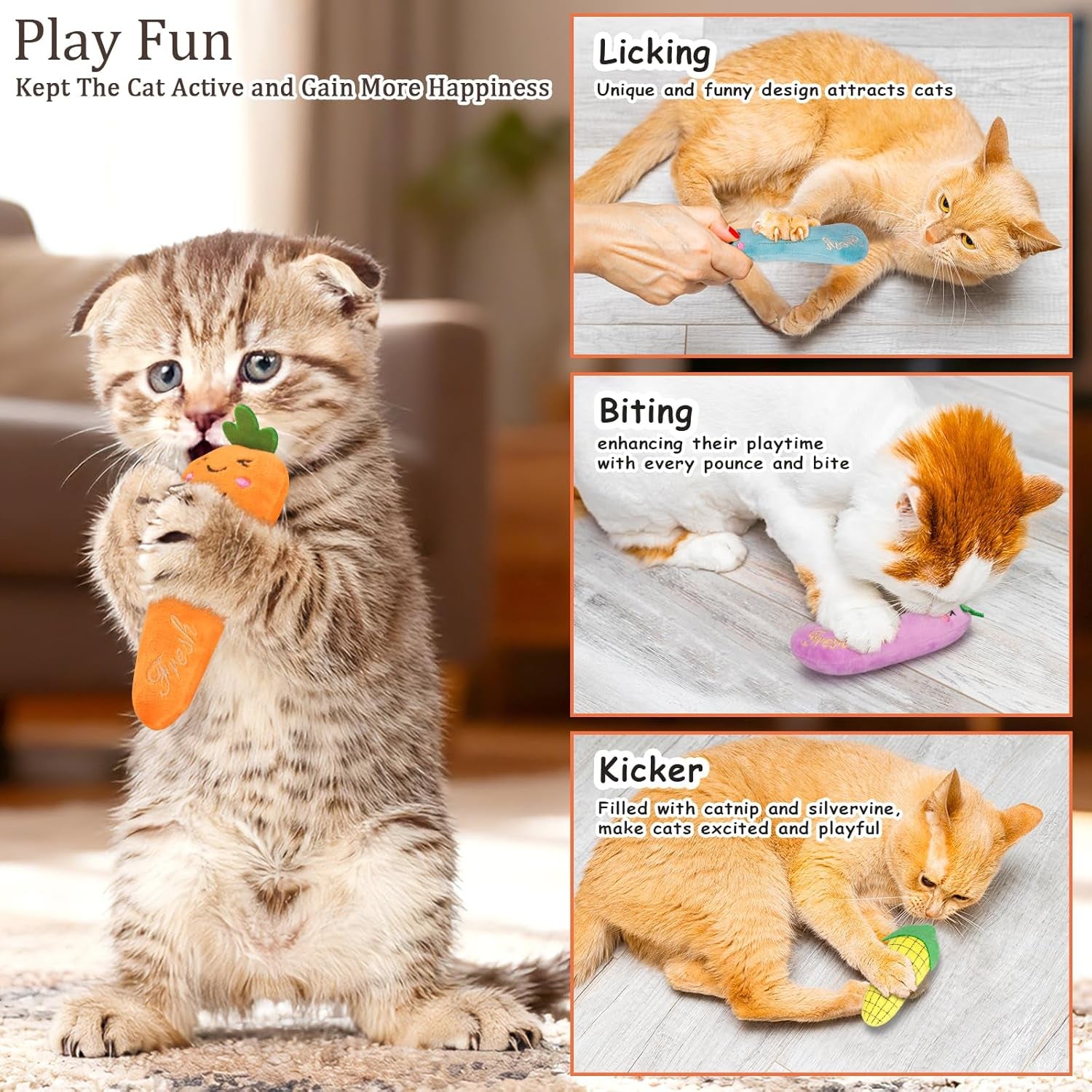 Catnip Cat Toys, 5 Pack, Plush Catnip Toys for Indoor Cats Kitten, Interactive Cat Nip Kitty Kicker Chew Safe Teeth Cleaning Toys, Fun Carrot Vegetable Shape