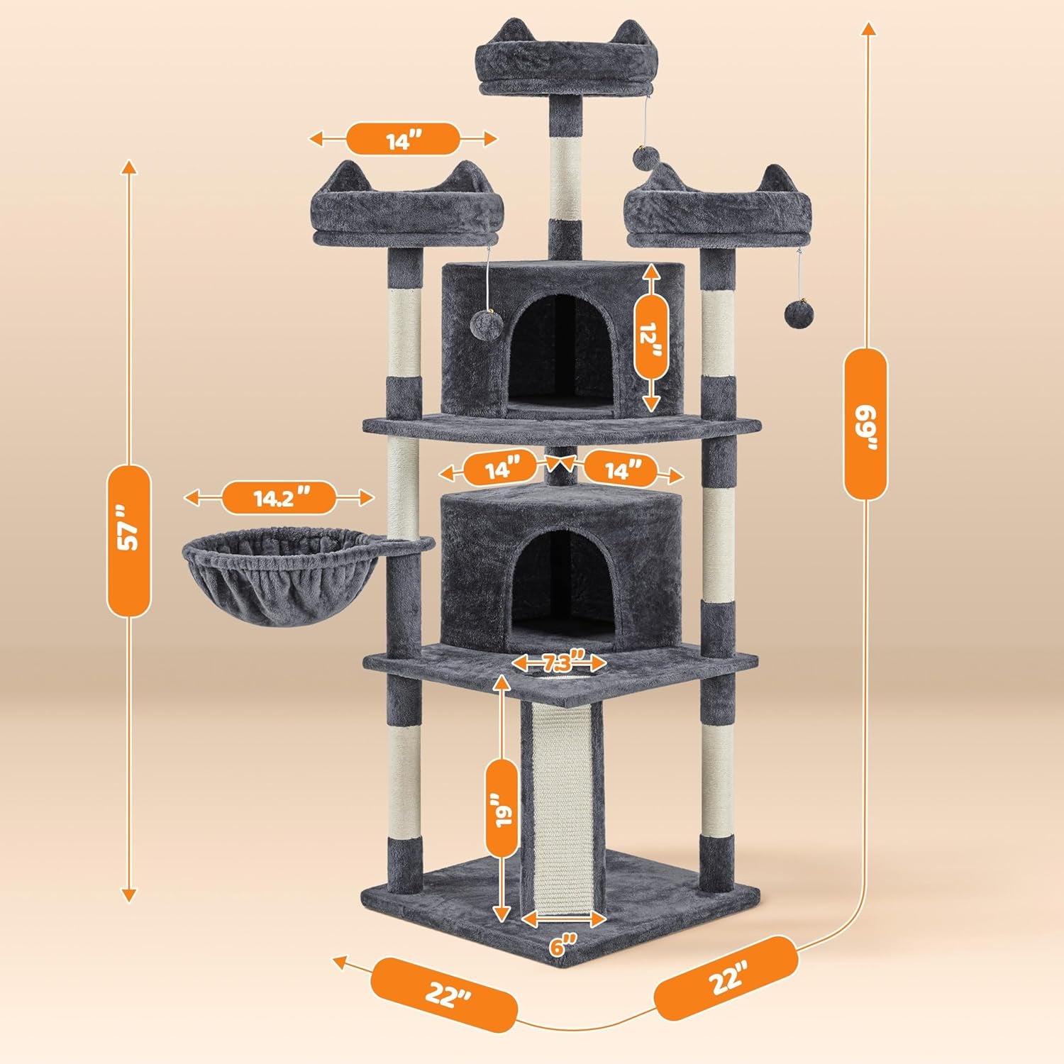 Yaheetech 69In Cat Tree Tower, 2 Condos, Scratching Posts & Cat-Ear Perches | 2 Plush Condos, Sisal Scratching Posts, a Soft Basket, a Climbing Ramp, and Cat-Ear Perches That Each Hold a Cat up to 11 Lb