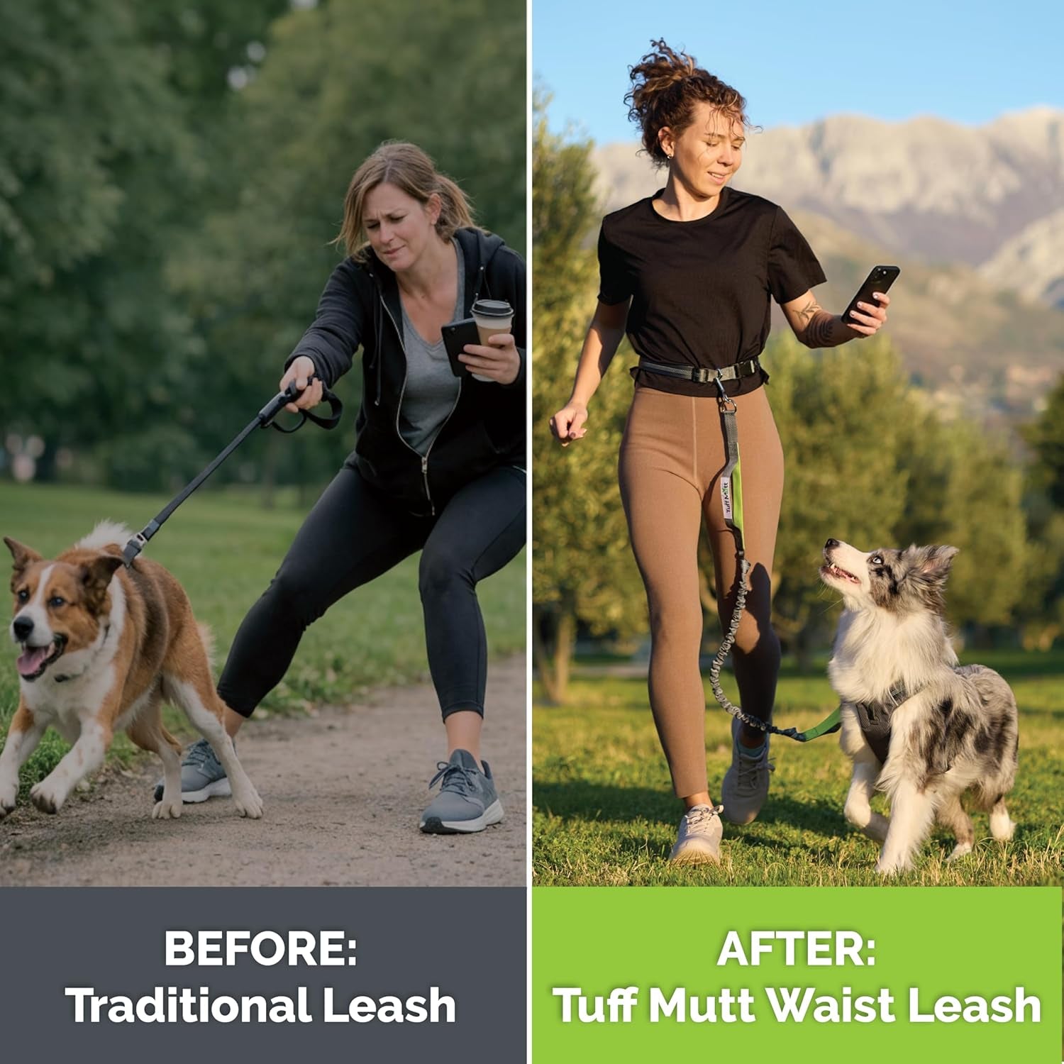 Hands Free Dog Leash for Walking Running Hiking, Waist Leash with Bungee, Adjustable Belt, Reflective Double Handle Design for Large Medium Dogs