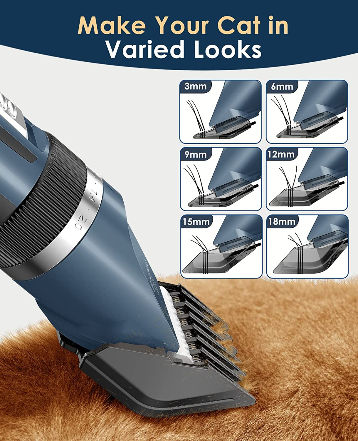 Quiet Cat Clippers for Matted & Long Hair 2-Speed Cat Grooming Kit | 240Mins Long Battery Life, Adjustable Blade Length, 6 Guide Guards with Scissors and Steel Comb, for Cats Small Dogs Animals