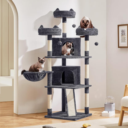 Yaheetech 69In Cat Tree Tower, 2 Condos, Scratching Posts & Cat-Ear Perches | 2 Plush Condos, Sisal Scratching Posts, a Soft Basket, a Climbing Ramp, and Cat-Ear Perches That Each Hold a Cat up to 11 Lb