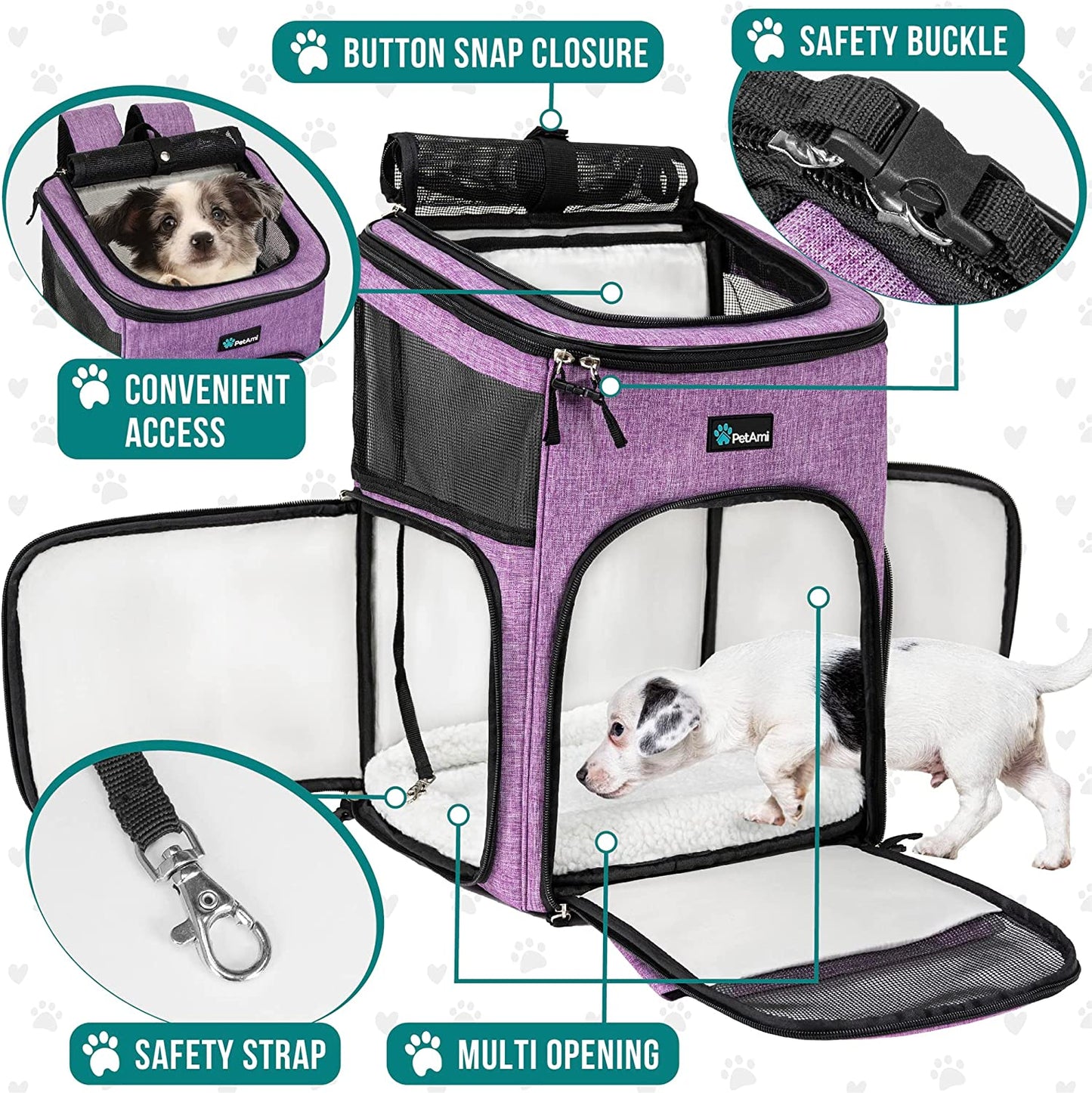 Dog Backpack Carrier, Airline Approved 4-Way Entry Cat Backpack Carrier, Ventilated Mesh, Collapsible Pet Carrier for Small Puppy, Kitten, Hiking, Travel Car, Vet, up to 18 Lbs, Purple