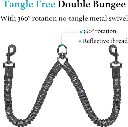 Dual Dog Leash with 360° Swivel and Shock Absorbing Bungee for Two Dogs (Large, 25-150 lbs, Black)