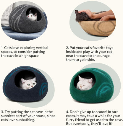 Cat Cave – Premium Felt Cat Bed Bed Enclosure for Indoor Cats, Handmade Merino Wool (Dark Grey, Medium)